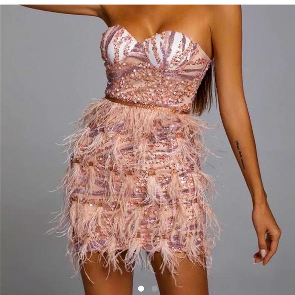 Bella Barnett luxury label pink feather dress